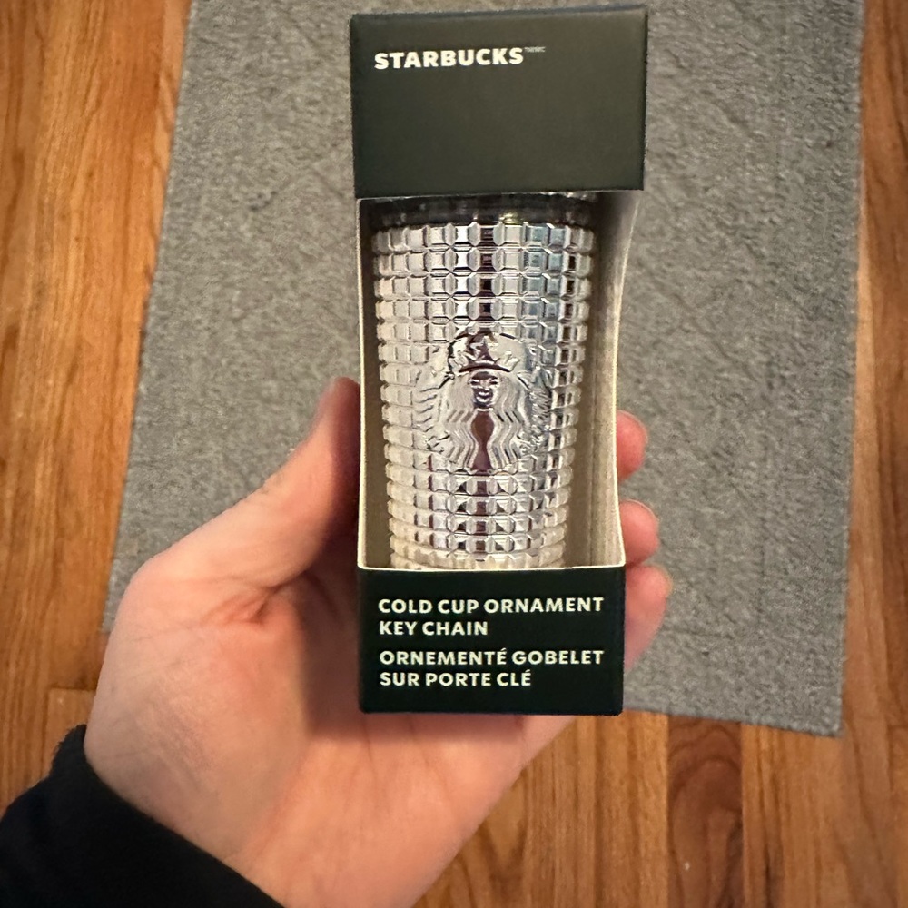 NWT Starbucks silver Christmas ornament keychain coffee cold cup 2023